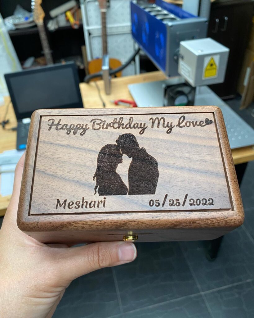 Picture of our music box with Birthday wish engraved on it